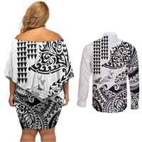 Hawaiian Tribal Manta Ray Couples Matching Off Shoulder Short Dress and Long Sleeve Button Shirt Kakau Tattoo and Polynesian Art Motif Pattern