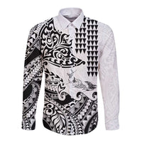 Hawaiian Tribal Manta Ray Long Sleeve Button Shirt Kakau Tattoo and Polynesian Art Motif Pattern