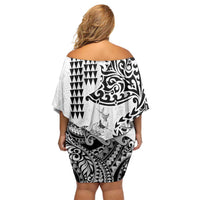 Hawaiian Tribal Manta Ray Off Shoulder Short Dress Kakau Tattoo and Polynesian Art Motif Pattern LT03 - Polynesian Pride