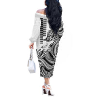 Hawaiian Tribal Manta Ray Off The Shoulder Long Sleeve Dress Kakau Tattoo and Polynesian Art Motif Pattern