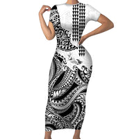 Hawaiian Tribal Manta Ray Short Sleeve Bodycon Dress Kakau Tattoo and Polynesian Art Motif Pattern LT03 Long Dress Multicolor - Polynesian Pride