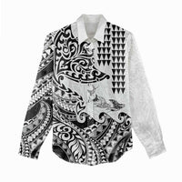 Hawaiian Tribal Manta Ray Women Casual Shirt Kakau Tattoo and Polynesian Art Motif Pattern