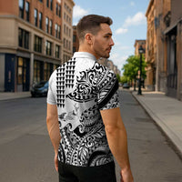 Hawaiian Tribal Manta Ray Zipper Polo Shirt Kakau Tattoo and Polynesian Art Motif Pattern LT03 - Polynesian Pride
