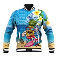 Hawaiian Funny Pineapple Surfing Baseball Jacket Beach with Tribal Kakau and Plumeria