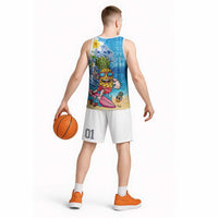 Hawaiian Funny Pineapple Surfing Basketball Jersey Beach with Tribal Kakau and Plumeria