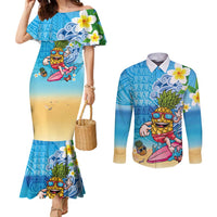 Hawaiian Funny Pineapple Surfing Couples Matching Mermaid Dress and Long Sleeve Button Shirt Beach with Tribal Kakau and Plumeria