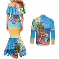 Hawaiian Funny Pineapple Surfing Couples Matching Mermaid Dress and Long Sleeve Button Shirt Beach with Tribal Kakau and Plumeria