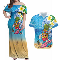 Hawaiian Funny Pineapple Surfing Couples Matching Off Shoulder Maxi Dress and Hawaiian Shirt Beach with Tribal Kakau and Plumeria