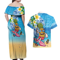Hawaiian Funny Pineapple Surfing Couples Matching Off Shoulder Maxi Dress and Hawaiian Shirt Beach with Tribal Kakau and Plumeria