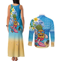 Hawaiian Funny Pineapple Surfing Couples Matching Tank Maxi Dress and Long Sleeve Button Shirt Beach with Tribal Kakau and Plumeria