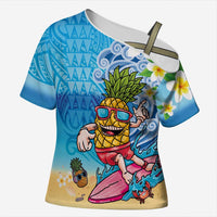 Hawaiian Funny Pineapple Surfing Cross Shoulder Shirt Beach with Tribal Kakau and Plumeria LT03 Female Multicolor - Polynesian Pride