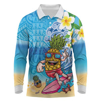 Hawaiian Funny Pineapple Surfing Long Sleeve Polo Shirt Beach with Tribal Kakau and Plumeria LT03 Multicolor - Polynesian Pride
