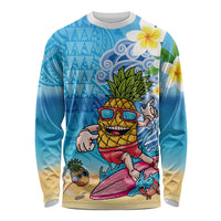 Hawaiian Funny Pineapple Surfing Long Sleeve Shirt Beach with Tribal Kakau and Plumeria LT03 Unisex Multicolor - Polynesian Pride