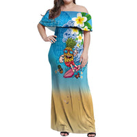 Hawaiian Funny Pineapple Surfing Off Shoulder Maxi Dress Beach with Tribal Kakau and Plumeria LT03 Women Multicolor - Polynesian Pride