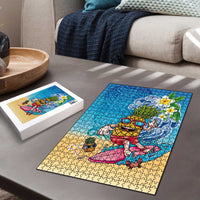 Hawaiian Funny Pineapple Surfing Puzzle Beach with Tribal Kakau and Plumeria