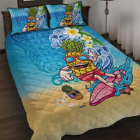 Hawaiian Funny Pineapple Surfing Quilt Bed Set Beach with Tribal Kakau and Plumeria LT03 Multicolor - Polynesian Pride