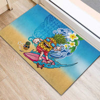 Hawaiian Funny Pineapple Surfing Rubber Doormat Beach with Tribal Kakau and Plumeria