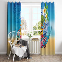 Hawaiian Funny Pineapple Surfing Window Curtain Beach with Tribal Kakau and Plumeria