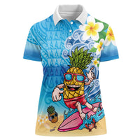 Hawaiian Funny Pineapple Surfing Women Polo Shirt Beach with Tribal Kakau and Plumeria