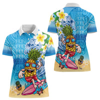 Hawaiian Funny Pineapple Surfing Women Polo Shirt Beach with Tribal Kakau and Plumeria