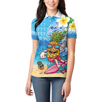 Hawaiian Funny Pineapple Surfing Women Polo Shirt Beach with Tribal Kakau and Plumeria