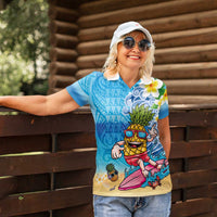 Hawaiian Funny Pineapple Surfing Women Polo Shirt Beach with Tribal Kakau and Plumeria