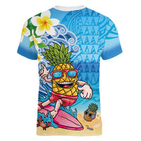 Hawaiian Funny Pineapple Surfing Women V-Neck T-Shirt Beach with Tribal Kakau and Plumeria
