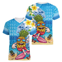 Hawaiian Funny Pineapple Surfing Women V-Neck T-Shirt Beach with Tribal Kakau and Plumeria