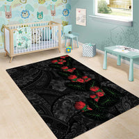 Hawaiian Taro Leaves and Ohia Lehua Area Rug Polynesian Tribal Art Tropical Plants Motifs Grayscale