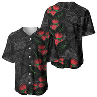 Hawaiian Taro Leaves and Ohia Lehua Baseball Jersey Polynesian Tribal Art Tropical Plants Motifs Grayscale