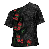 Hawaiian Taro Leaves and Ohia Lehua Cross Shoulder Shirt Polynesian Tribal Art Tropical Plants Motifs Grayscale