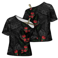 Hawaiian Taro Leaves and Ohia Lehua Cross Shoulder Shirt Polynesian Tribal Art Tropical Plants Motifs Grayscale