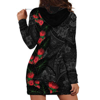 Hawaiian Taro Leaves and Ohia Lehua Hoodie Dress Polynesian Tribal Art Tropical Plants Motifs Grayscale LT03 - Polynesian Pride