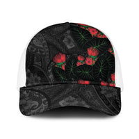 Hawaiian Taro Leaves and Ohia Lehua Mesh Trucker Cap Polynesian Tribal Art Tropical Plants Motifs Grayscale