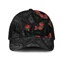 Hawaiian Taro Leaves and Ohia Lehua Mesh Trucker Cap Polynesian Tribal Art Tropical Plants Motifs Grayscale LT03 One Size Black Multicolor - Polynesian Pride