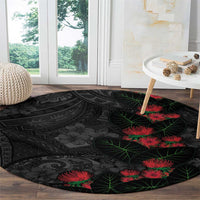 Hawaiian Taro Leaves and Ohia Lehua Round Carpet Polynesian Tribal Art Tropical Plants Motifs Grayscale