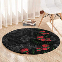 Hawaiian Taro Leaves and Ohia Lehua Round Carpet Polynesian Tribal Art Tropical Plants Motifs Grayscale