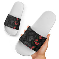 Hawaiian Taro Leaves and Ohia Lehua Slide Sandals Polynesian Tribal Art Tropical Plants Motifs Grayscale