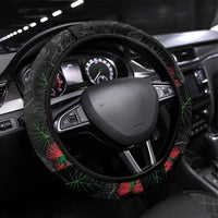 Hawaiian Taro Leaves and Ohia Lehua Steering Wheel Cover Polynesian Tribal Art Tropical Plants Motifs Grayscale