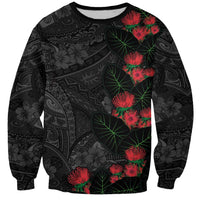 Hawaiian Taro Leaves and Ohia Lehua Sweatshirt Polynesian Tribal Art Tropical Plants Motifs Grayscale