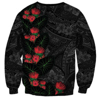 Hawaiian Taro Leaves and Ohia Lehua Sweatshirt Polynesian Tribal Art Tropical Plants Motifs Grayscale