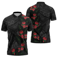 Hawaiian Taro Leaves and Ohia Lehua Zipper Polo Shirt Polynesian Tribal Art Tropical Plants Motifs Grayscale LT03 - Polynesian Pride