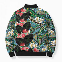 Hawaiian Taro Leaves and Ohia Lehua Bomber Puffer Jacket Polynesian Tribal Art Tropical Plants Motifs Colorful