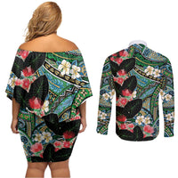 Hawaiian Taro Leaves and Ohia Lehua Couples Matching Off Shoulder Short Dress and Long Sleeve Button Shirt Polynesian Tribal Art Tropical Plants Motifs Colorful LT03 - Polynesian Pride