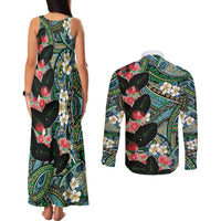 Hawaiian Taro Leaves and Ohia Lehua Couples Matching Tank Maxi Dress and Long Sleeve Button Shirt Polynesian Tribal Art Tropical Plants Motifs Colorful LT03 - Polynesian Pride