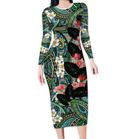 Hawaiian Taro Leaves and Ohia Lehua Family Matching Long Sleeve Bodycon Dress and Hawaiian Shirt Polynesian Tribal Art Tropical Plants Motifs Colorful LT03 Mom's Dress Multicolor - Polynesian Pride