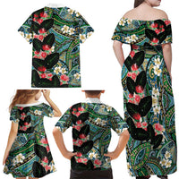 Hawaiian Taro Leaves and Ohia Lehua Family Matching Off Shoulder Maxi Dress and Hawaiian Shirt Polynesian Tribal Art Tropical Plants Motifs Colorful LT03 - Polynesian Pride