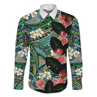 Hawaiian Taro Leaves and Ohia Lehua Family Matching Off Shoulder Short Dress and Hawaiian Shirt Polynesian Tribal Art Tropical Plants Motifs Colorful LT03 Dad's Shirt - Long Sleeve Multicolor - Polynesian Pride