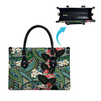 Hawaiian Taro Leaves and Ohia Lehua Leather Bag Polynesian Tribal Art Tropical Plants Motifs Colorful
