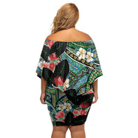 Hawaiian Taro Leaves and Ohia Lehua Off Shoulder Short Dress Polynesian Tribal Art Tropical Plants Motifs Colorful LT03 - Polynesian Pride